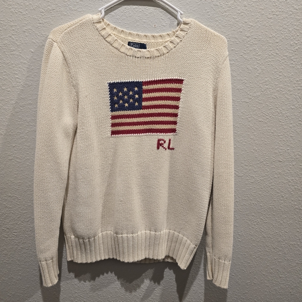 Polo by Ralph Lauren Cream Crewneck Sweater with Flag Design